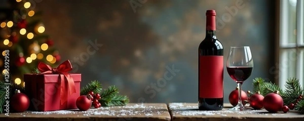 Fototapeta Scenic holiday wine bottle display with gifts & d?cor , christmas gifts, photography