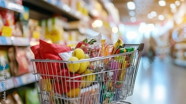 Fototapeta Shopping Cart Filled with Fresh Groceries in a Supermarket Aisle : Generative AI