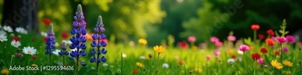 Fototapeta Lupinus mutabilis in a garden with other flowers, greenery, meadow