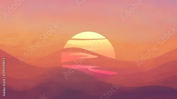 Fototapeta Sunset Serenity: A minimalist landscape captures the essence of a tranquil desert scene, where the sun dips below rolling sand dunes, painting the sky in hues of orange, pink, and rose.