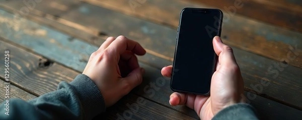 Fototapeta Grizzled hand gripping smartphone with empty display against weathered wood, wood, brown, phone