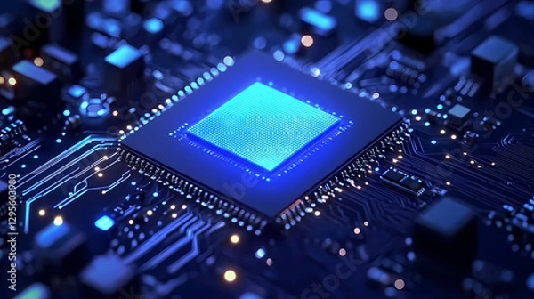 Fototapeta Close-Up of Glowing Blue Chip on Circuit Board