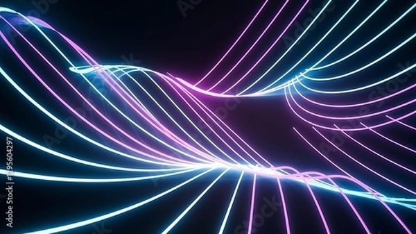 Fototapeta Neon Waveform: A mesmerizing digital artwork features fluid neon lines, twisting and turning with an ethereal glow against a dark backdrop.