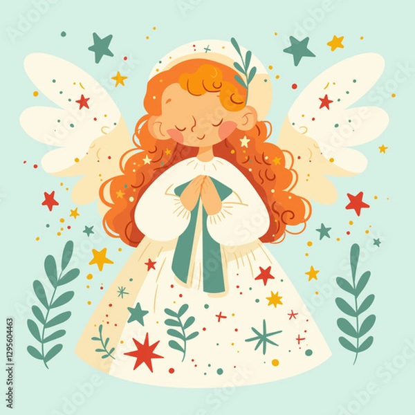 Fototapeta A spring card. Cute little angel girl with wings, in a white cap.
