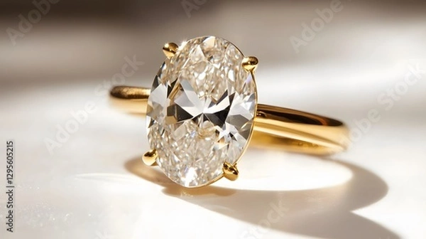 Fototapeta A close-up of a gold engagement ring with a large oval diamond at its center, set on a white surface