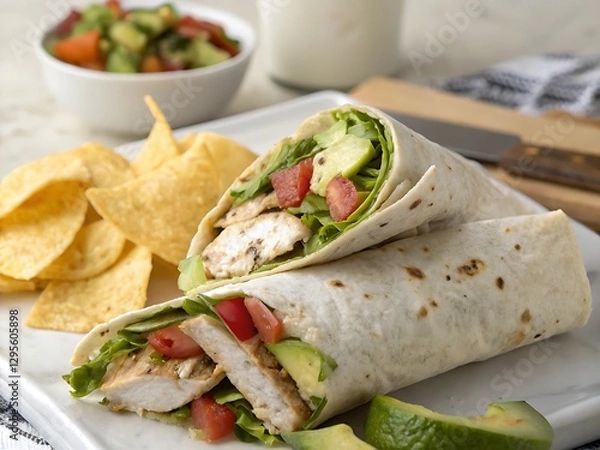 Obraz Tortilla wrap with fried chicken meat and vegetables, Vegan vegetable wrap, Close up of kebab sandwich