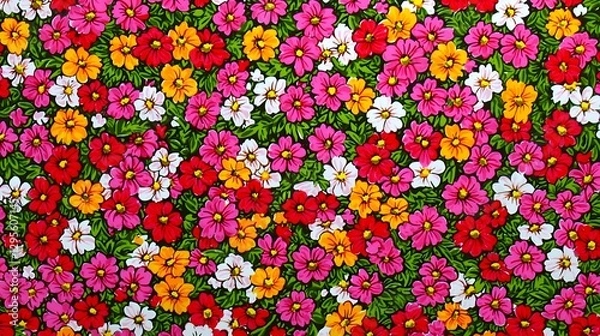 Fototapeta Vibrant Floral Pattern Featuring Colorful Blooms in Pink, Red, Yellow, and White on Green Background