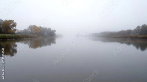 Obraz Serene Foggy River Landscape with Autumn Trees Reflecting in Still Waters : Generative AI