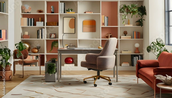 Fototapeta Modern Home Office Illustration: Beige and Terracotta Decor