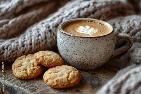 Fototapeta Cozy latte art in speckled mug with cookies. Perfect for blogs, articles on comfort, or autumn themes.