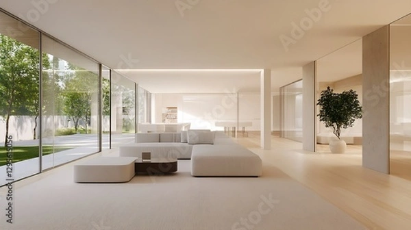 Fototapeta Elegant Modern Living Room Interior Design Featuring Large Windows and Minimalist Style : Generative AI