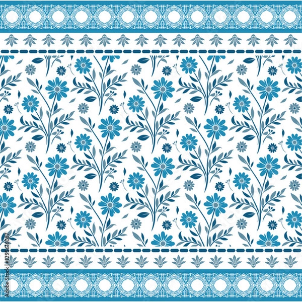 Fototapeta beautiful blue floral seamless pattern with a classic border for elegant backgrounds and fabric
