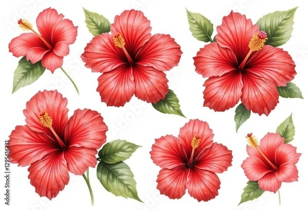 Fototapeta A set of hibiscus flowers in various shades of red, isolated on a white background