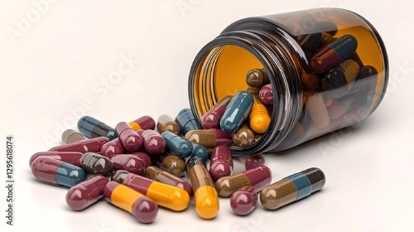 Fototapeta Vibrant multivitamin capsules spilling from an open jar on a clean white background