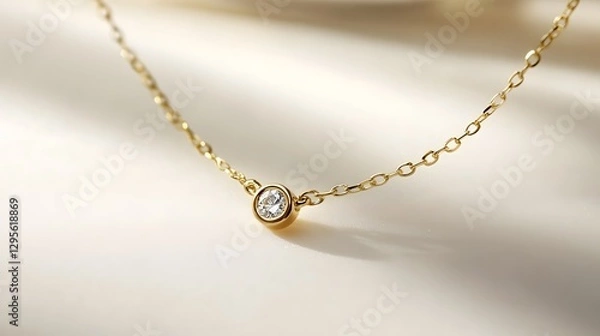 Fototapeta A delicate gold necklace with a small diamond pendant, displayed on a smooth white surface