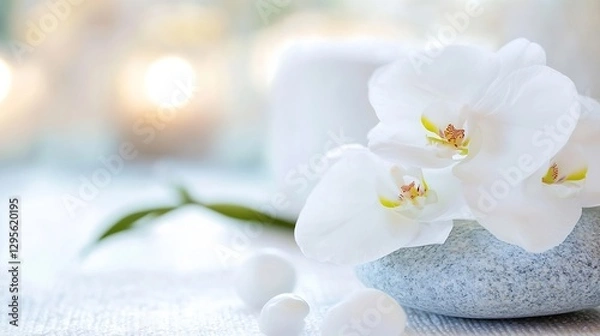 Fototapeta Elegant White Orchid Flowers Resting on a Smooth Stone with Serenity : Generative AI