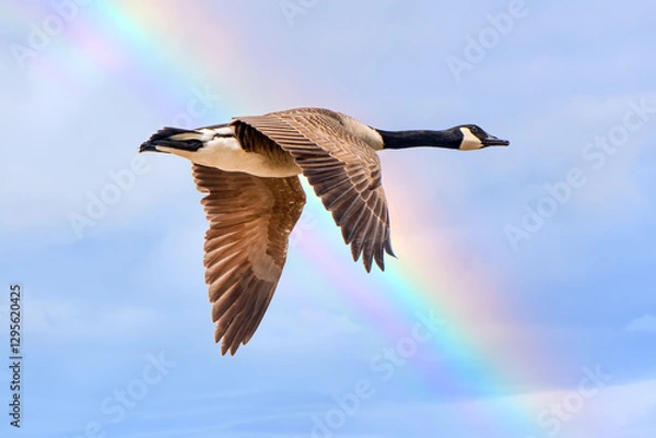 Obraz Closeup of a Canadian Goose flying in the clouds with a rainbow