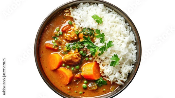 Fototapeta Delicious chicken curry with rice, peas, and carrots in bowl on transparent background