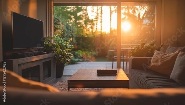 Fototapeta Warm Sunset Illuminates Modern Living Room Interior