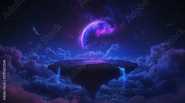 Fototapeta A fantasy landscape shows a floating island with waterfalls and a planet