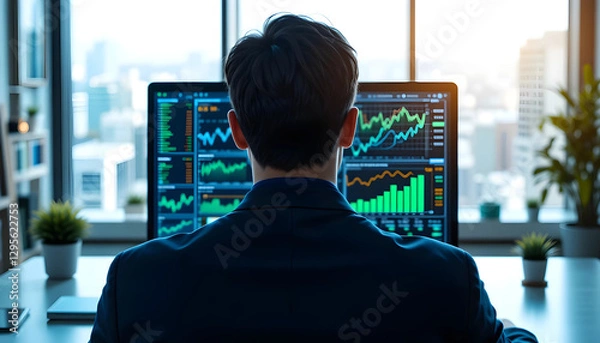 Fototapeta businessman analyzing stock market charts, financial data on laptop. Ai generated image