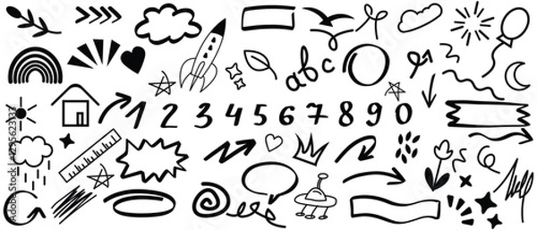 Fototapeta Simple sketch line style elements. ute Doodle pen line elements.Doodle arrow, heart, star, decoration symbol, icon set. Hand drawn sketch doodle cute star, emphasis, flower element.Vector illustration