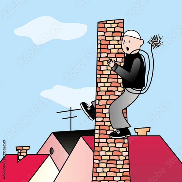 Fototapeta Chimney sweep on high chimney, scared man, group of roofs, funny vector illustration