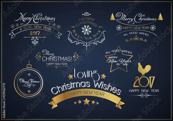 Fototapeta Christmas decoration vector design elements collection. Typographic elements, vintage labels, frames, ribbons, chalk set. Design elements merry christmas and happy holidays wishes typographic