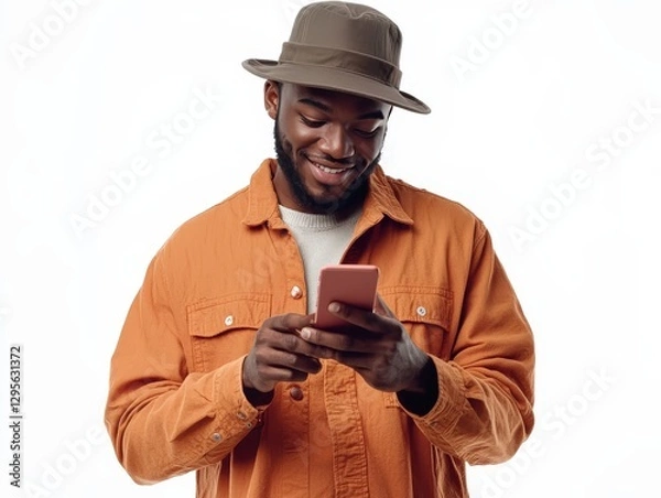 Obraz Young man standing looking at screen of phone with smile browsing web pages isolated on white background