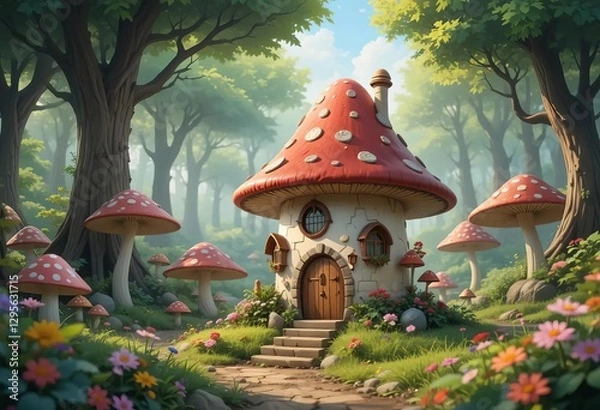 Fototapeta An illustration of a fairy house in a mushroom forest with trees, butterflies, and a road