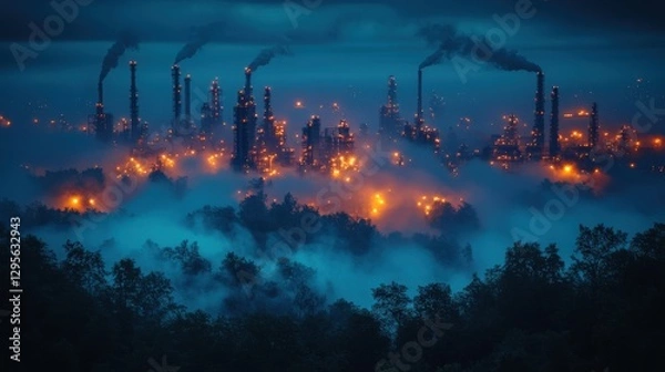 Obraz Dramatic Night View of a Large Industrial Complex Surrounded by Mist, Showcasing Smokestacks Emitting Smoke and Illuminated by City Lights