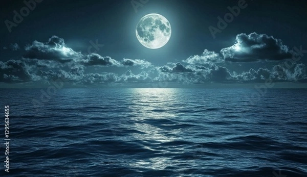 Fototapeta Moonlight reflecting on a calm sea, with clouds.  Possible use backgrounds, wallpaper, posters
