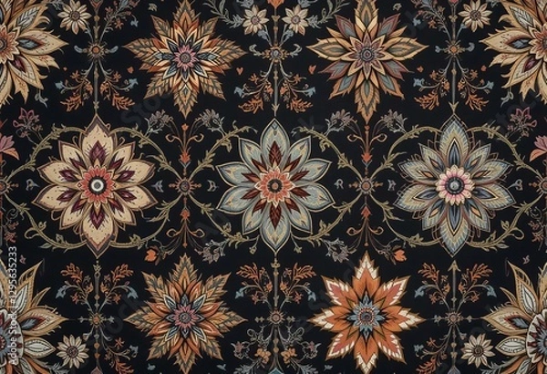 Fototapeta A detailed and colorful digital textile design featuring bold flower and geometric patterns