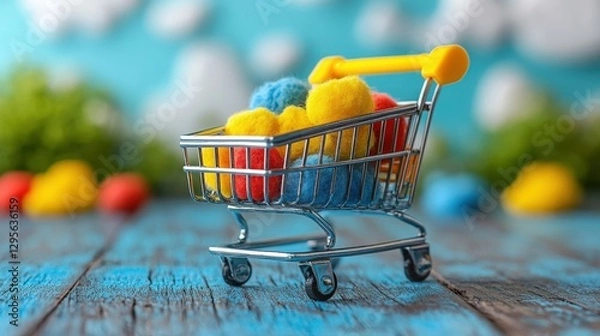 Obraz Vibrant Mini Shopping Cart Filled with Colorful Cotton Balls on a Rustic Wooden Surface Against a Bright Blue Background