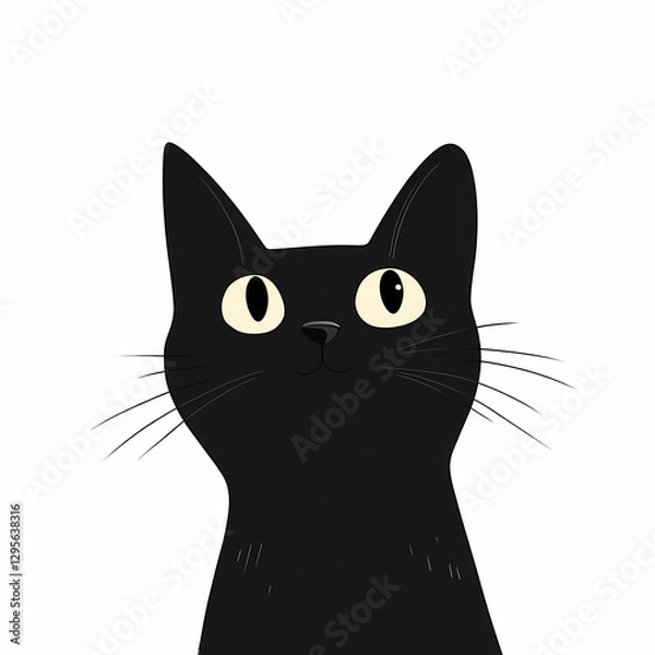 Obraz A stylized illustration of a black cat with wide, bright eyes and a curious expression, set against a clean, white background.