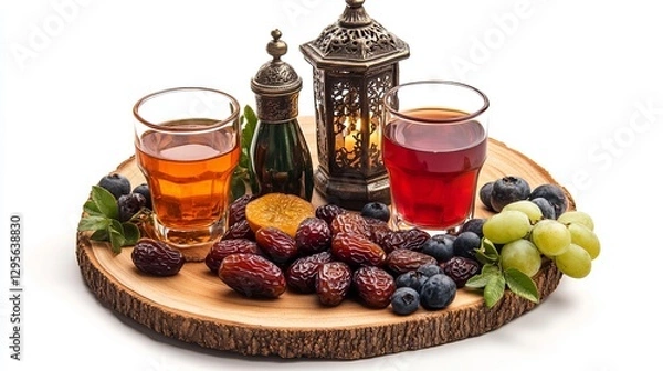 Fototapeta Ramadan dates, fruit, and beverages with a lantern on a plain background