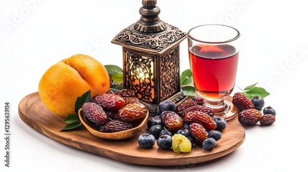 Fototapeta Ramadan dates, fruit, and beverages with a lantern on a plain background