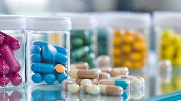 Fototapeta Assorted colorful capsules and tablets in clear jars on reflective surface in soft focus : Generative AI