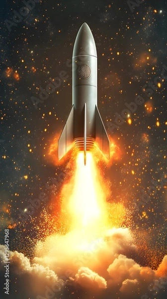 Fototapeta A rocket ship launching into space with fire and smoke effects