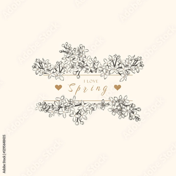 Obraz Floral abstract card with rectangle frame. Lilac. Vector botanical illustration. Linear art. Black.