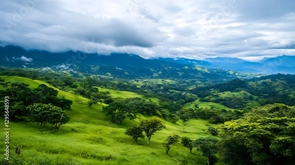 Fototapeta Lush Green Landscape with Rolling Hills and Dramatic Cloudy Sky in Background : Generative AI