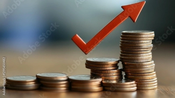 Fototapeta Rising stacks of coins with an upward arrow, symbolizing financial growth and success.