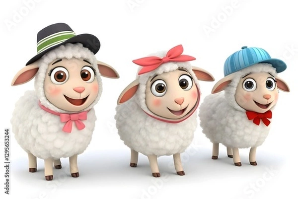 Fototapeta Playful 3D Cute Sheep Characters – Cheerful Cartoon Lambs Isolated on White