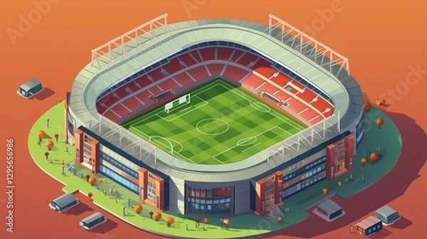 Obraz A colorful isometric vector of a soccer stadium featuring a well-maintained pitch, entrance gates, and fans.