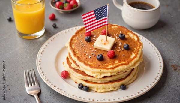 Obraz Pancakes with butter and berries on table with coffee and juice
