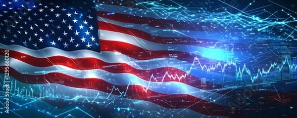Obraz American flag superimposed over a digital financial graph and network