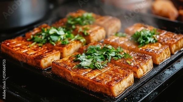 Fototapeta Close up of grilled tofu with herbs on a grill. Vegan food concept.