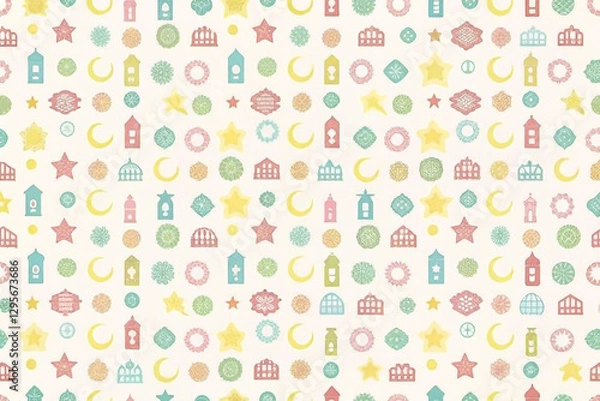 Fototapeta Pastel Ramadan seamless pattern with crescent moons, stars, and lanterns.