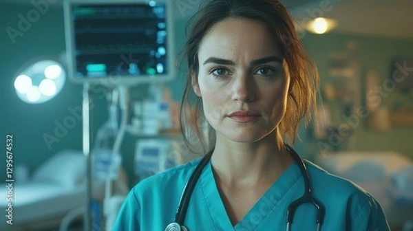Obraz Focused healthcare professional in scrubs stands confidently with stethoscope in a modern hospital environment filled with medical equipment and monitors