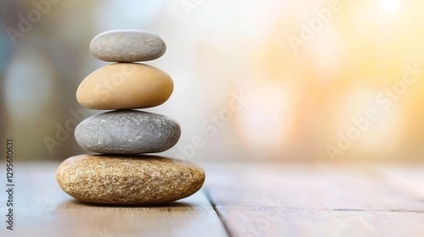 Fototapeta Stacked Pebbles Arranged Artistically on a Wooden Surface with Soft Lighting : Generative AI